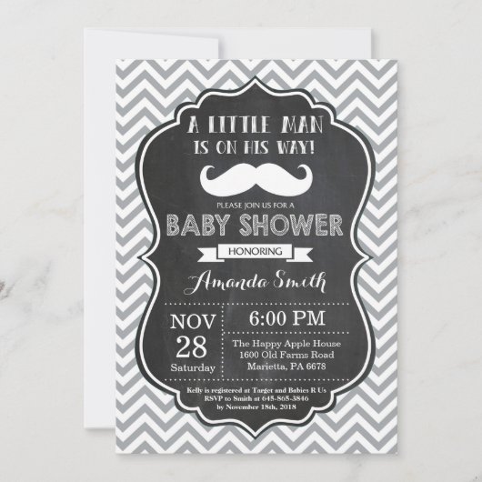 Baby shower de moustache Invitation noir et gris (Devant)