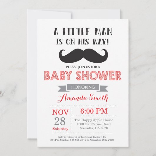 Baby shower de moustache Invitation rouge et gris (Devant)