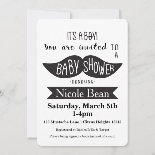 Baby shower de moustache Invitations noires et bla (Devant)