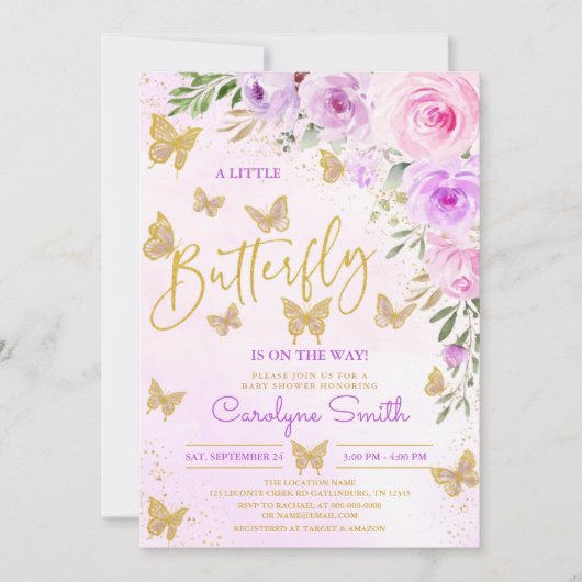 Baby shower de papillon floral Lavender Invitation (Devant)