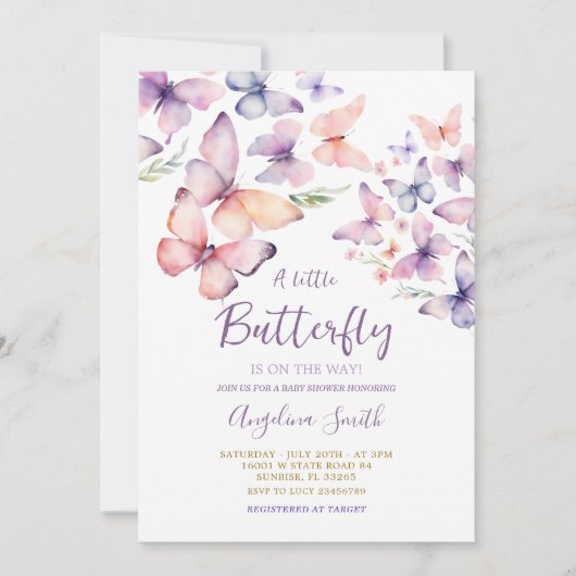 Baby shower de papillons violets Invitation (Devant)