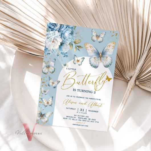 Baby shower de petit papillon bleu or Invitation