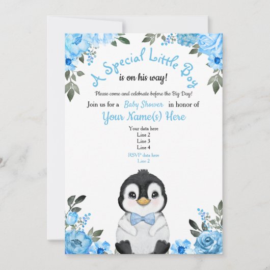 Baby shower de pingouin bleu Invitation Floral (Devant)