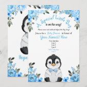 Baby shower de pingouin bleu Invitation Floral (Devant / Derrière)
