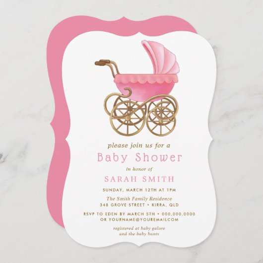 Baby shower de poussette rose et or Invitation (Devant / Derrière)
