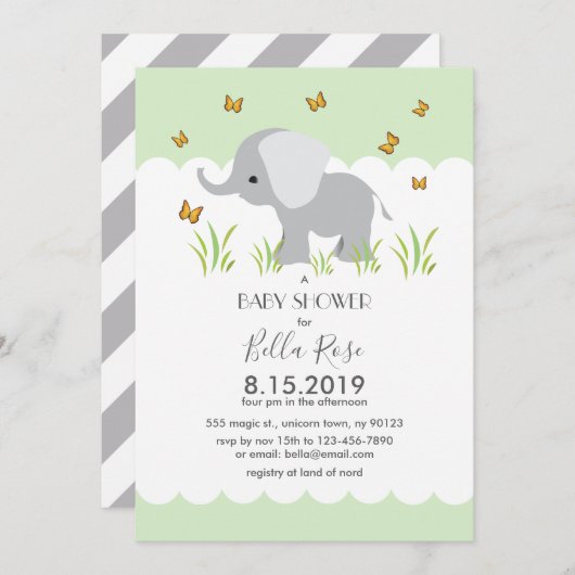 Baby shower de rayures gris éléphant Invitation (Devant / Derrière)