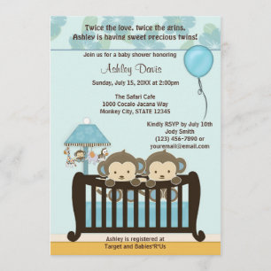 Baby shower de singe TWINS Invitation Crib BLUE CJ