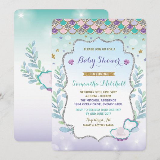 Baby shower de sirène Invitation Purple Gold Ocean (Devant / Derrière)