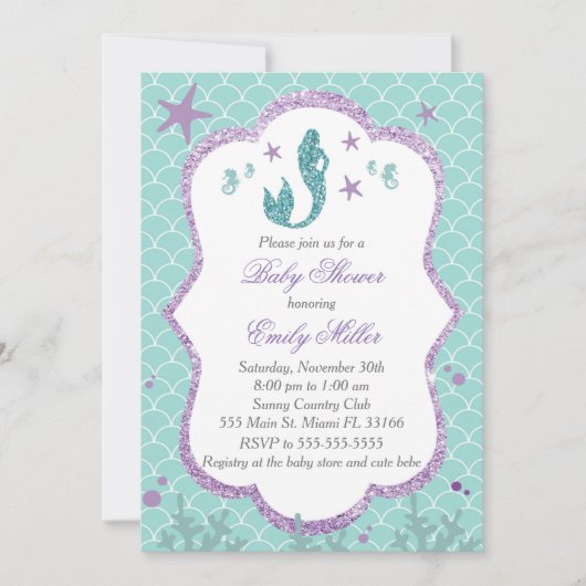 Baby shower de sirènes Invitation Turquoise violet (Devant)