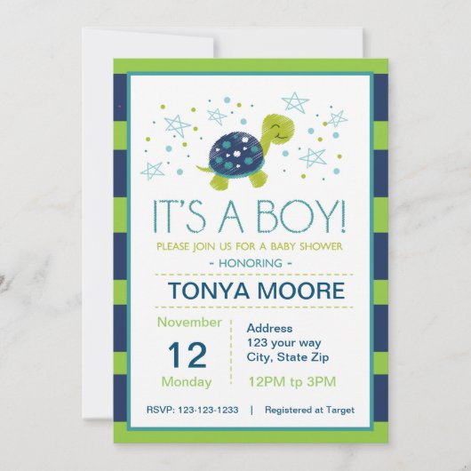 Baby shower de tortue bleu foncé Invitation (Devant)