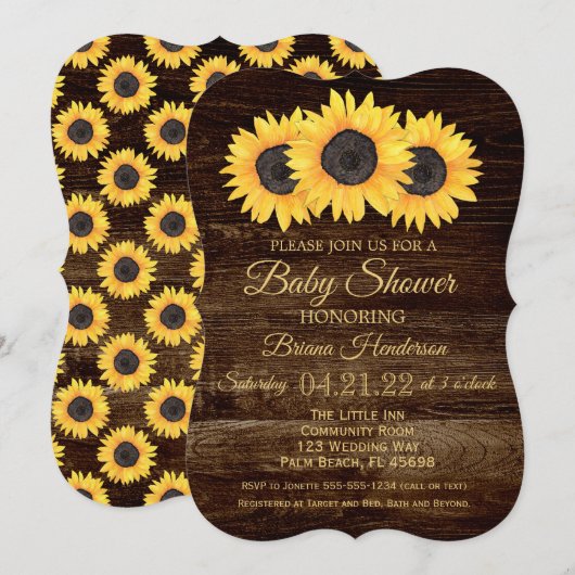Baby shower de tournesols Invitation Bois rustique (Devant / Derrière)