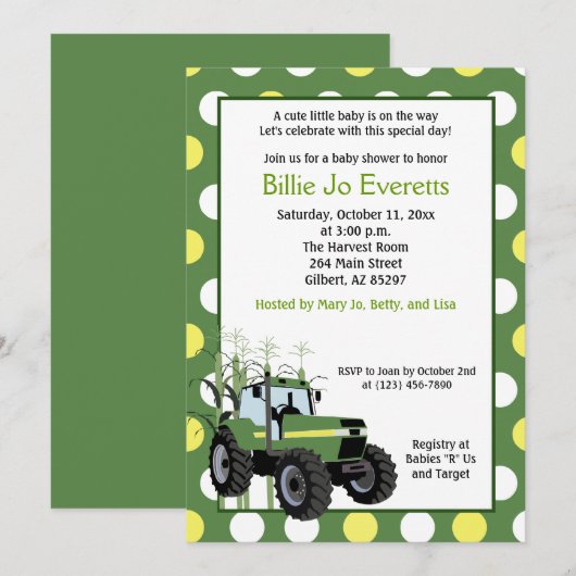 Baby shower de tracteur vert 5x7 Invitation (Devant / Derrière)