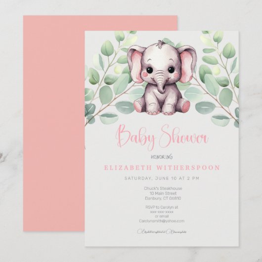baby shower d'éléphant d'inde Invitation chic élég (Devant / Derrière)