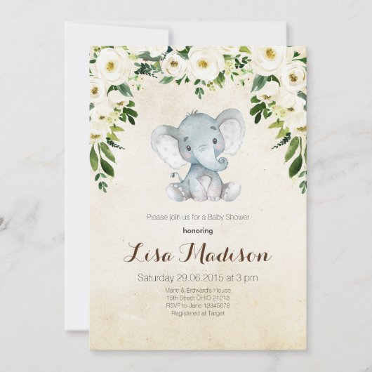 Baby shower d'éléphant floral blanc Invitation (Devant)