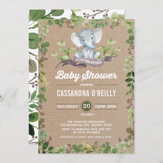 Baby shower d'éléphant neutre vert Invitation (Devant / Derrière)