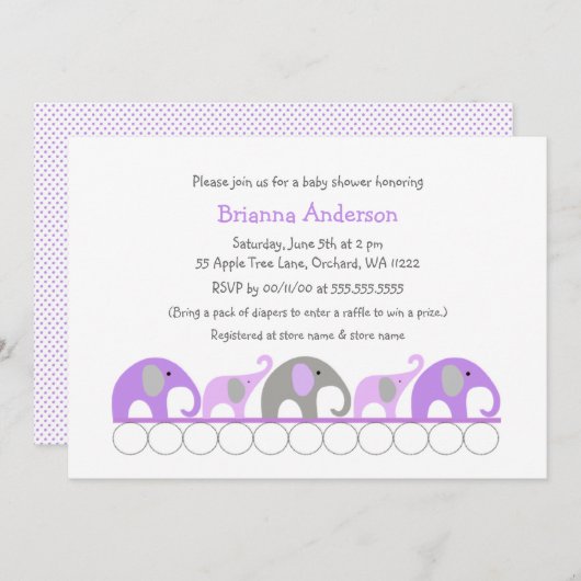 baby shower d'éléphants de lavande / invitations s (Devant / Derrière)
