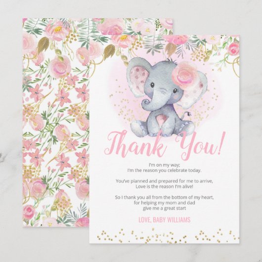 Baby shower des éléphants - Cartes de remerciement (Devant / Derrière)