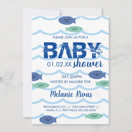 Baby shower d'été Blue Waves Fish Invitation (Devant)