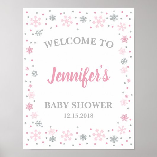Baby shower d'hiver Affiche de bienvenue rose et a (Devant)