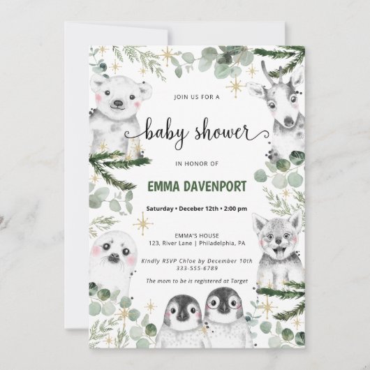 Baby shower d'hiver Animaux Invitation (Devant)