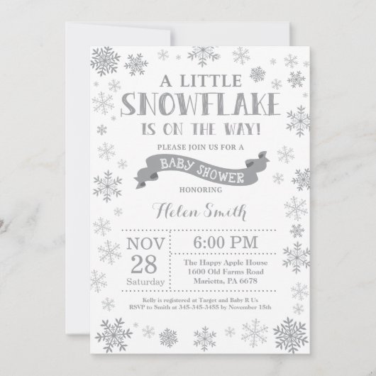 Baby shower d'hiver Invitation Flocon de neige gri (Devant)