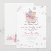 Baby shower d'hiver Ours et invitation rose neige (Devant / Derrière)