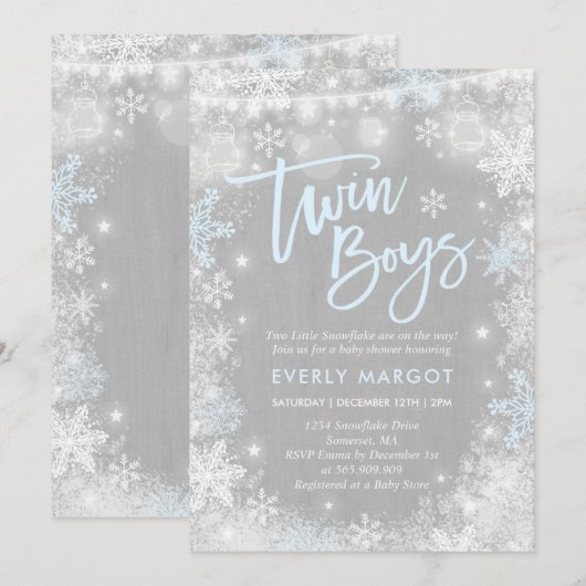 Baby shower d'hiver Twins Invitation Douche rustiq (Devant / Derrière)