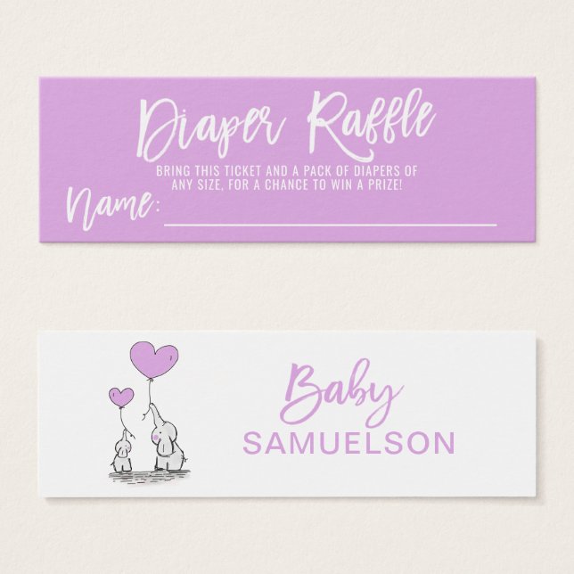 BABY SHOWER DIAPER RAFFLE Elephant LAVENDER (Devant & derrière)