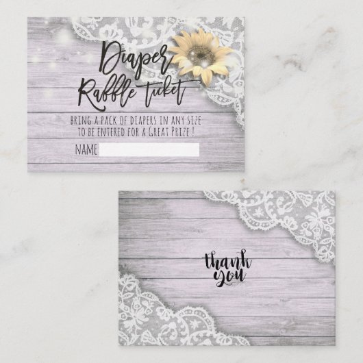 Baby shower diaper Raffle Ticket Lace Sunflower Informatiekaartje (Voorkant / Achterkant)