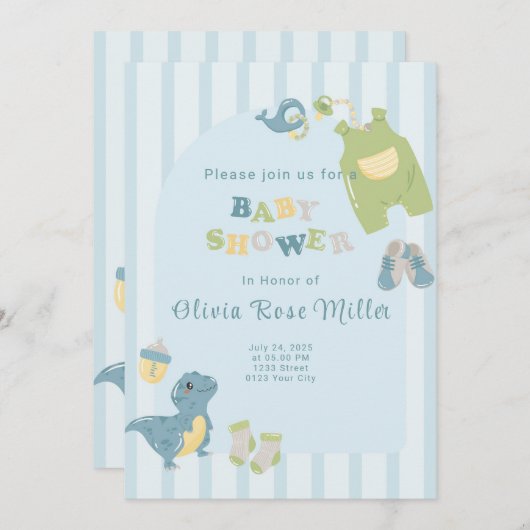 Baby shower Dinosaure Bleu Invitation (Devant / Derrière)