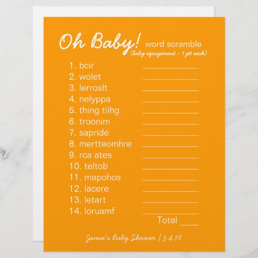 Baby shower DIY - Word Scramble Game - oranje (Voorkant / Achterkant)