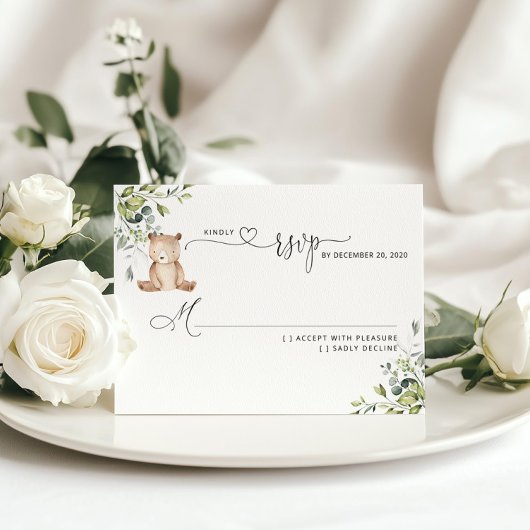 Baby shower d'ours à l'eucalyptus vert RSVP