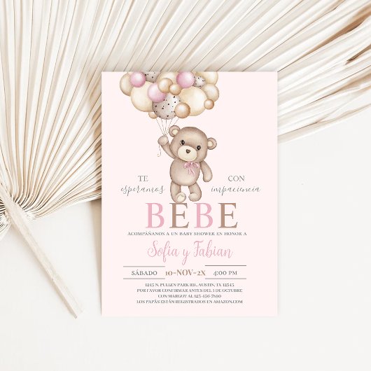 Baby shower d'ours rose fille Espagnol Invitation