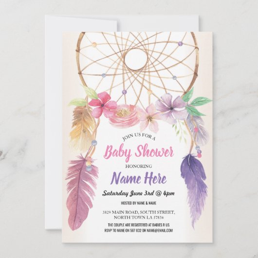 Baby shower Dreamcatcher Floral Invitation rose (Devant)