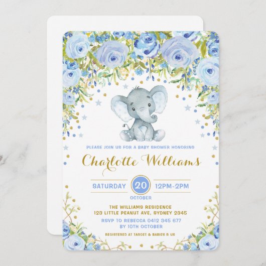 Baby shower du garçon Invitation Blue Boho Floral  (Devant / Derrière)