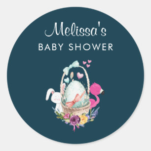 Baby shower Eieren, Roze Flamingo & Bunny Waterver Ronde Sticker