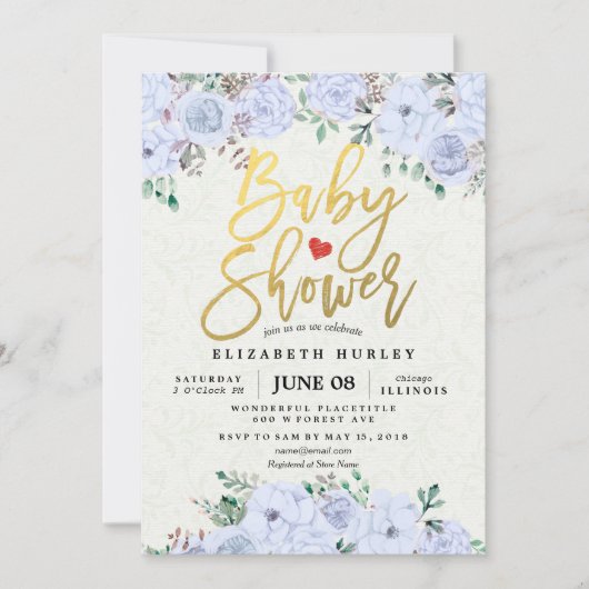 Baby shower Elegant Waterverf Floral Gold Script Kaart (Voorkant)