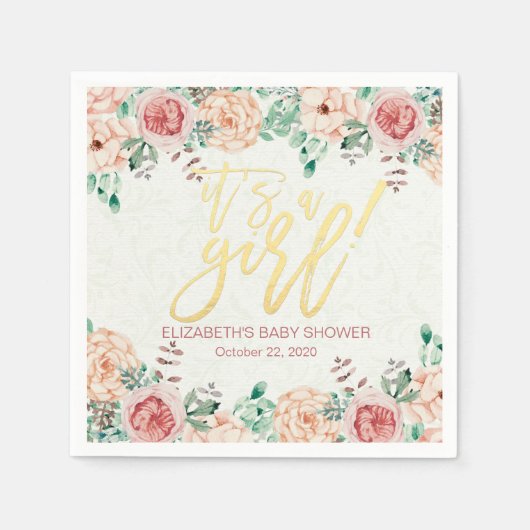 Baby shower Elegant Waterverf Floral Gold Script Servet (Voorkant)