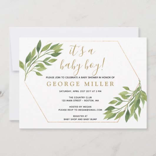Baby shower élégante verdure et invitation à l'or (Devant)