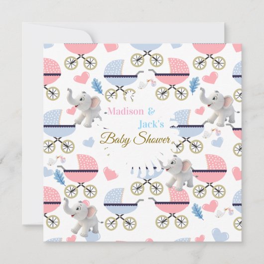 Baby Shower Elephant Baby StrollerCard Invitation  (Devant)