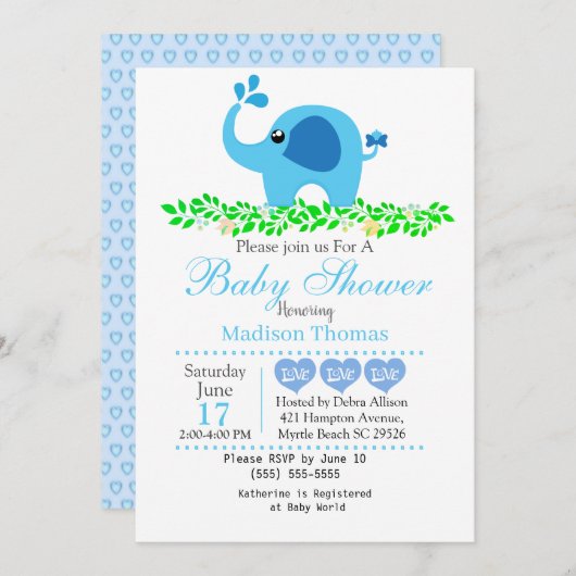 Baby shower Eléphant Bleu Cute Invitation (Devant / Derrière)