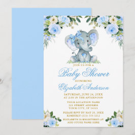 Baby shower Elephant Bow Blue Floral Gold Kaart