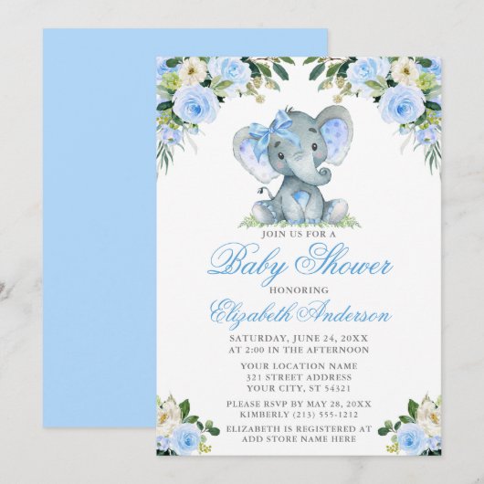 Baby shower Elephant Bow Blue Floral Kaart (Voorkant / Achterkant)