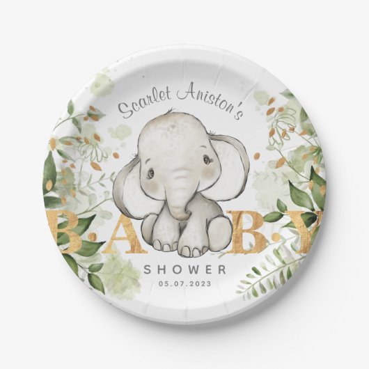 Baby shower Elephant Greenery Papieren Bordje (Voorkant)