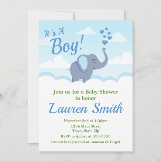 Baby shower éléphant Invitation Blue Elephant Boy (Devant)