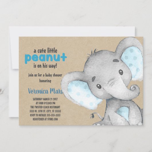 Baby shower éléphant invitation cacahuète bébé inv (Devant)