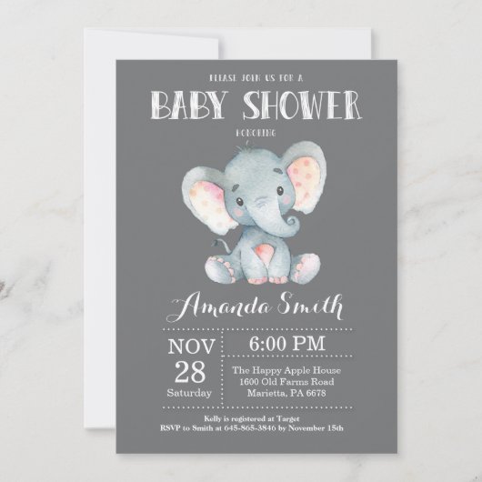 Baby shower éléphant Invitation gris (Devant)