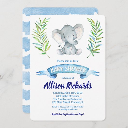 Baby shower éléphant invitation pour garçon aquare (Devant / Derrière)