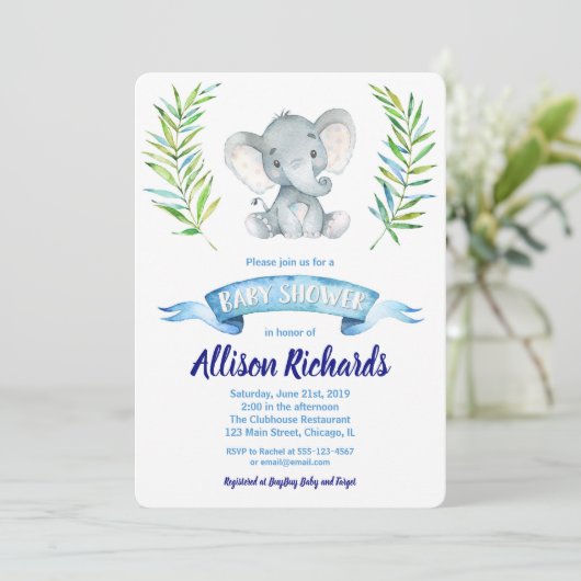 Baby shower éléphant invitation pour garçon aquare (Debout devant)