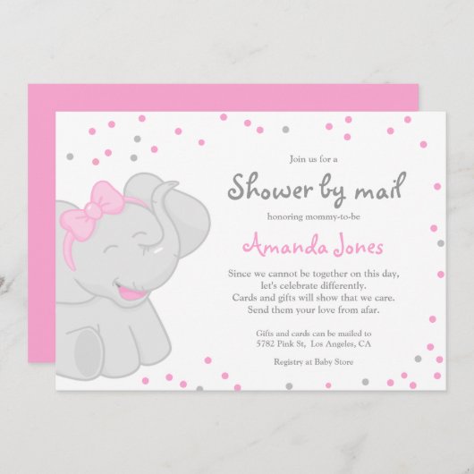 Baby shower Eléphant mignon fille 🎀 🐘 invitation (Devant / Derrière)